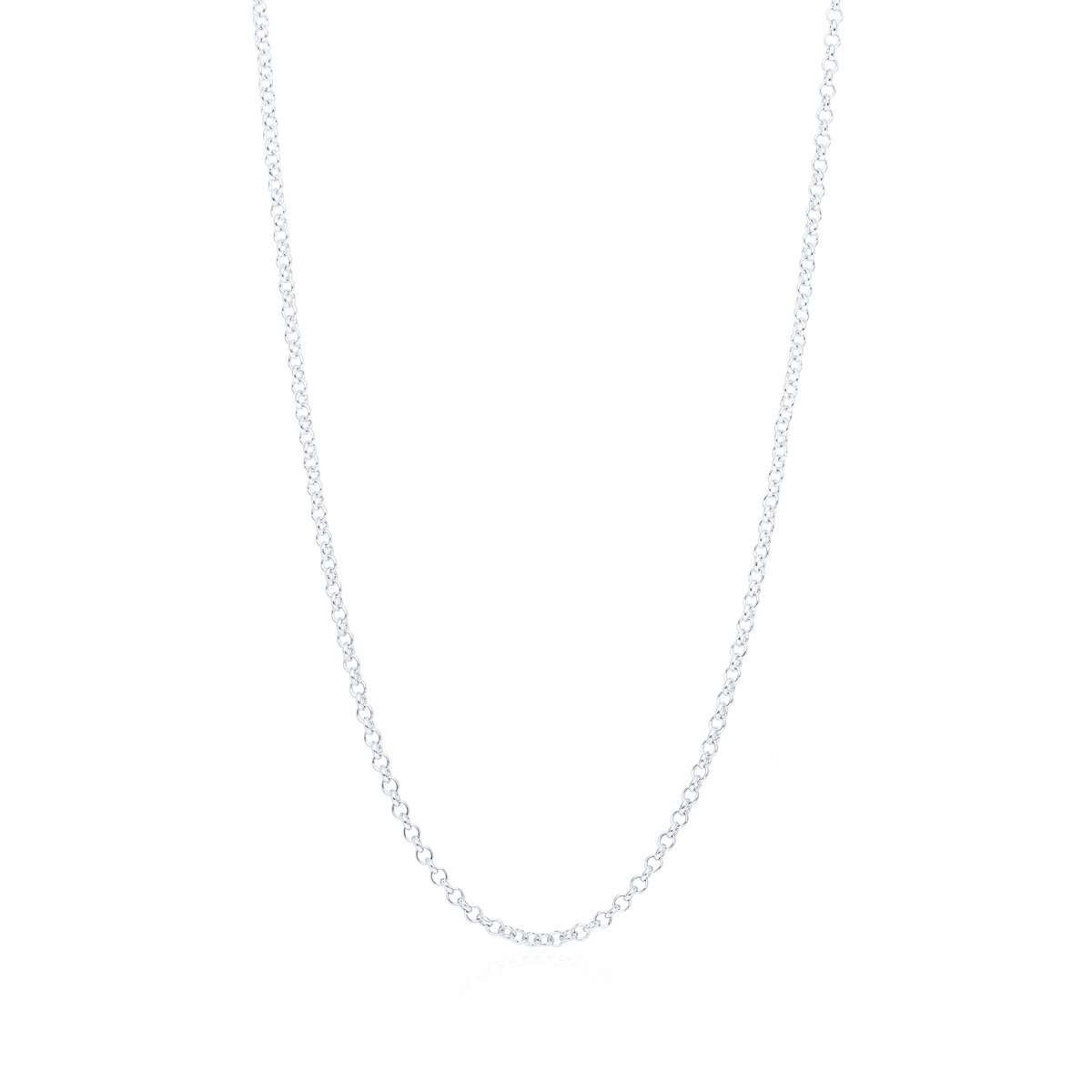 Silver rolo chain necklace, 2.5 mm round link chain on white background