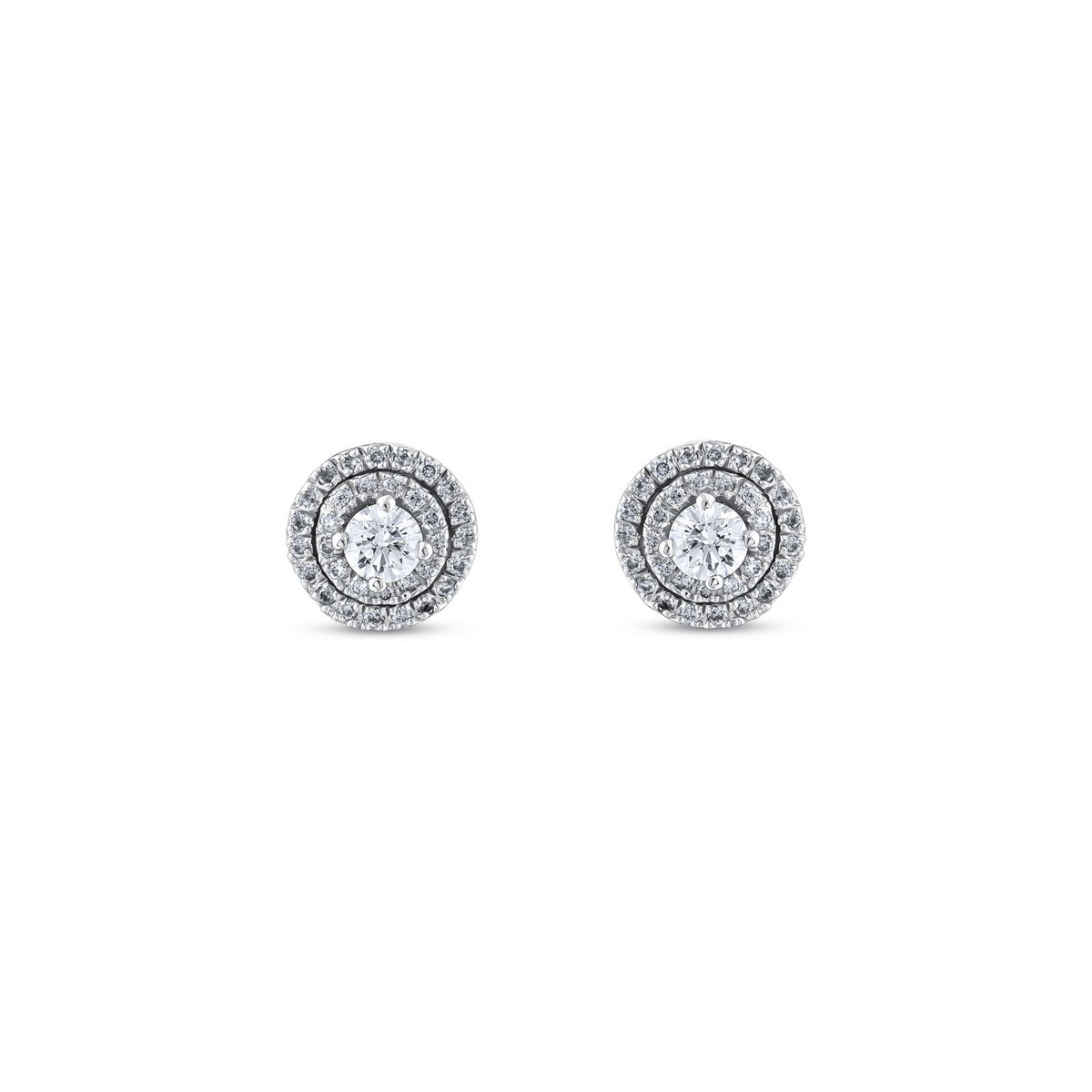 Pair of round natural diamond double halo stud earrings in 14K solid white gold, front view