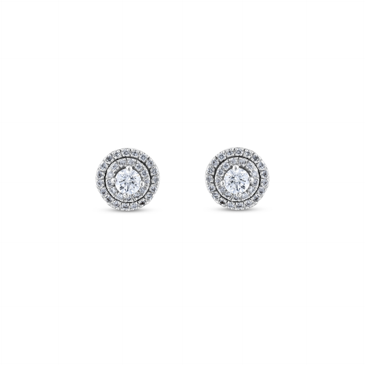 Pair of round natural diamond double halo stud earrings in 14K solid white gold, front view