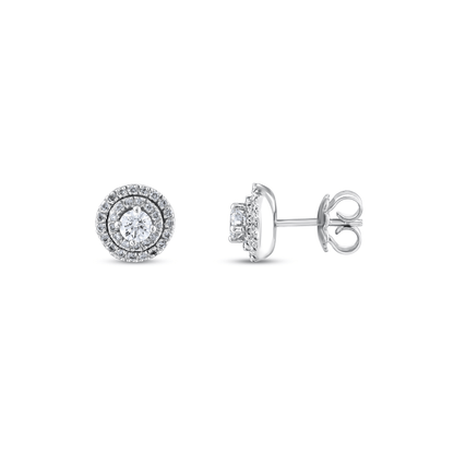 Round natural diamond double halo stud earring in 14K white gold, front and side view showing the post and butterfly back