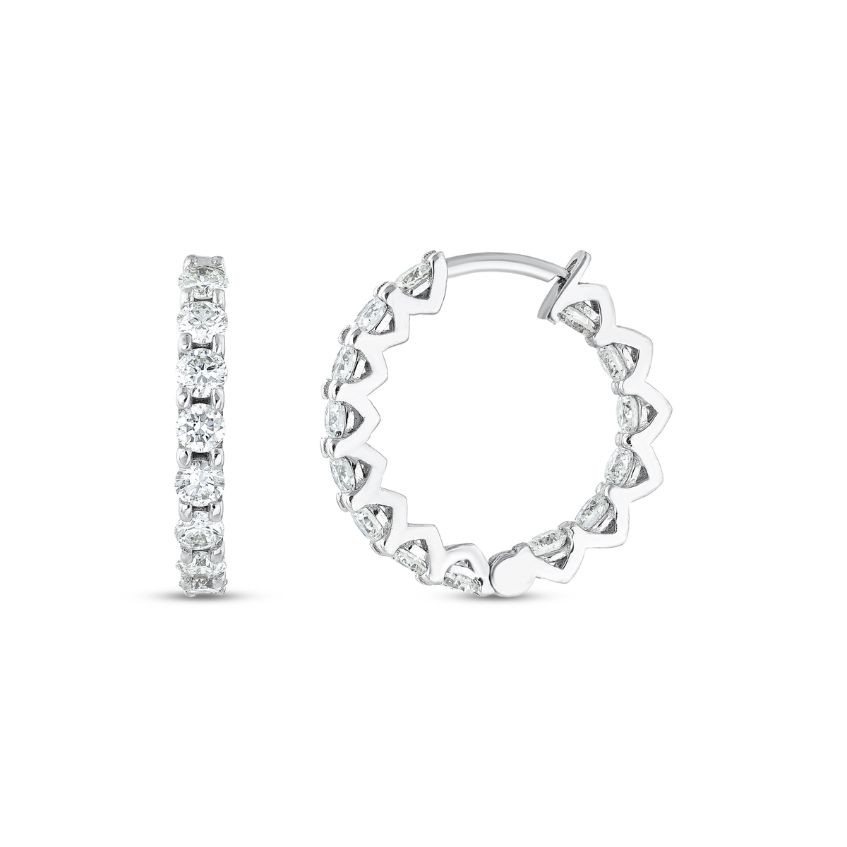 Round natural diamond huggie hoop earring in 14K solid white gold, front and side view showing the single row of diamonds and the hinged post