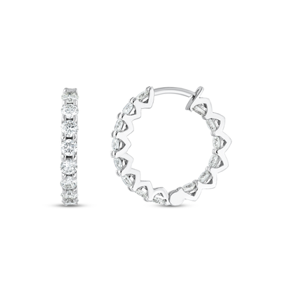 Round natural diamond huggie hoop earring in 14K solid white gold, front and side view showing the single row of diamonds and the hinged post