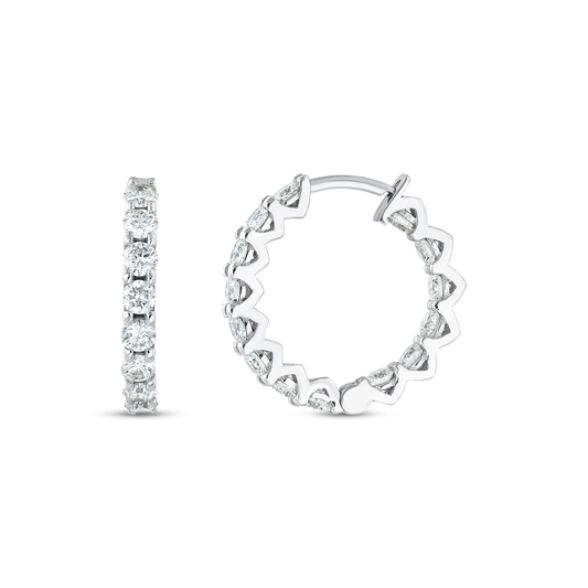 Round natural diamond huggie hoop earring in 14K solid white gold, front and side view showing the single row of diamonds and the hinged post