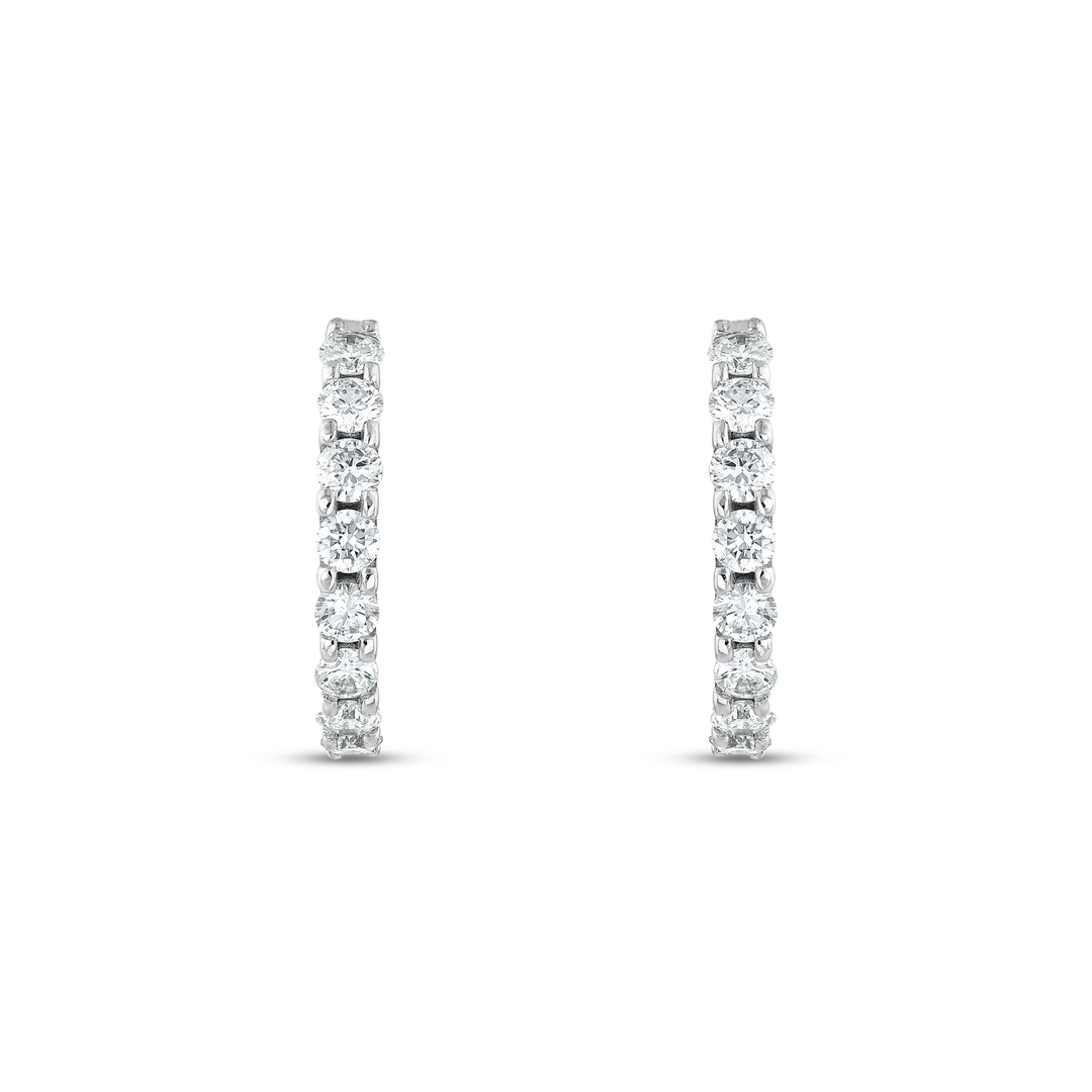 Pair of round natural diamond huggie hoop earrings in 14K solid white gold, front view