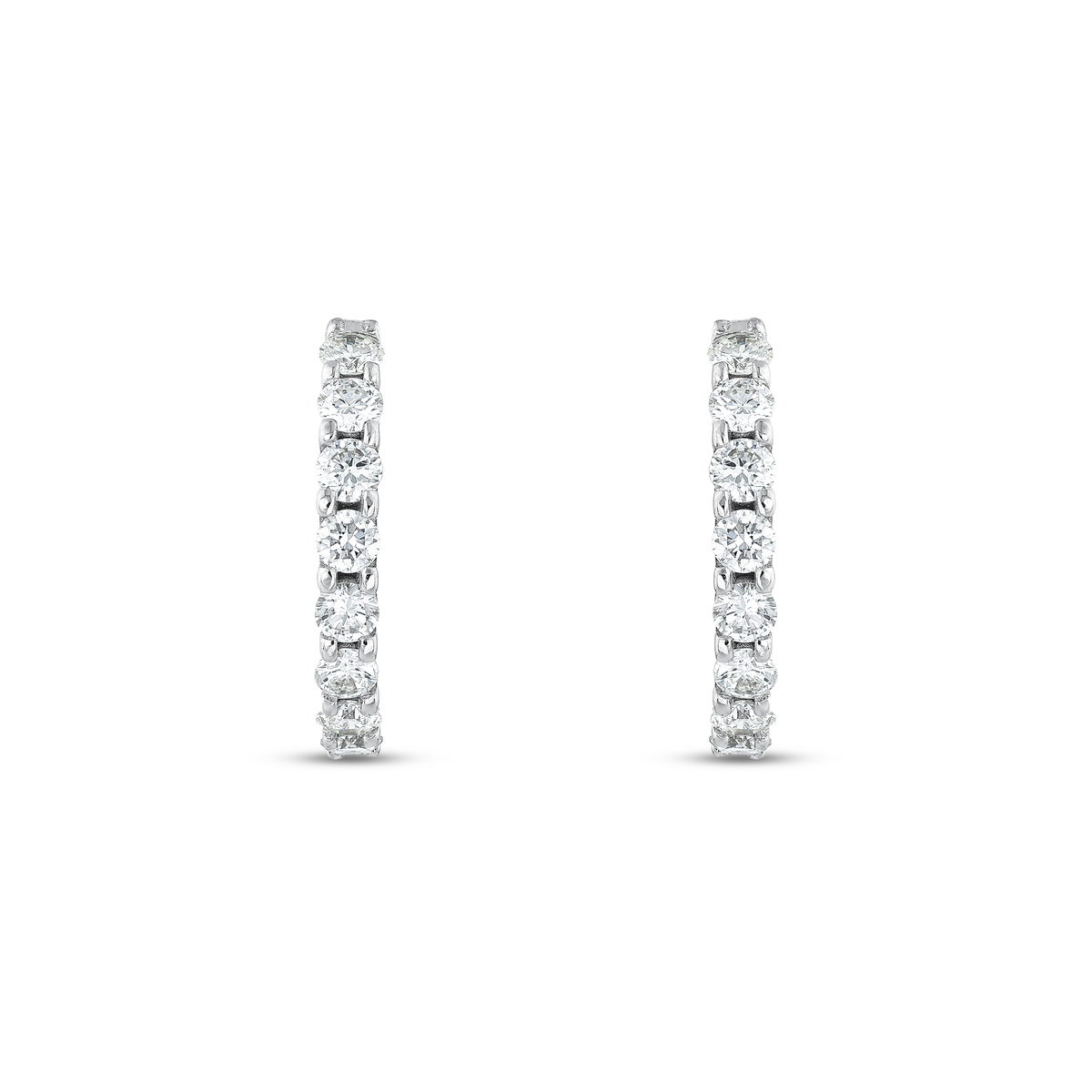 Pair of round natural diamond huggie hoop earrings in 14K solid white gold, front view