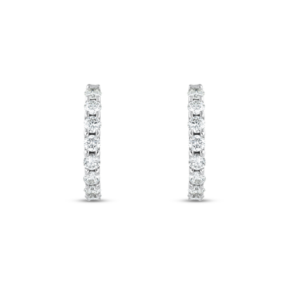 Pair of round natural diamond huggie hoop earrings in 14K solid white gold, front view