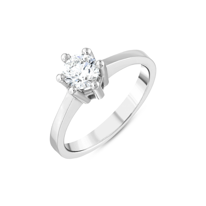 Natural round diamond six-prong solitaire ring in 14K white gold, angled view of the six ball-tipped claws and plain band