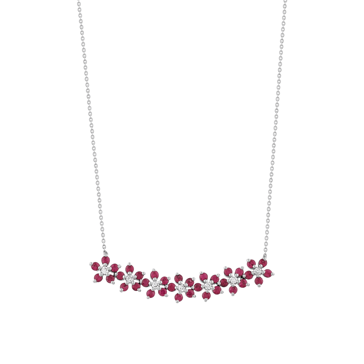 Ruby and natural diamond flower bar necklace in 14K white gold on a fine chain, front view