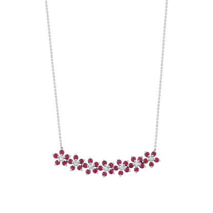 Ruby and natural diamond flower bar necklace in 14K white gold on a fine chain, front view