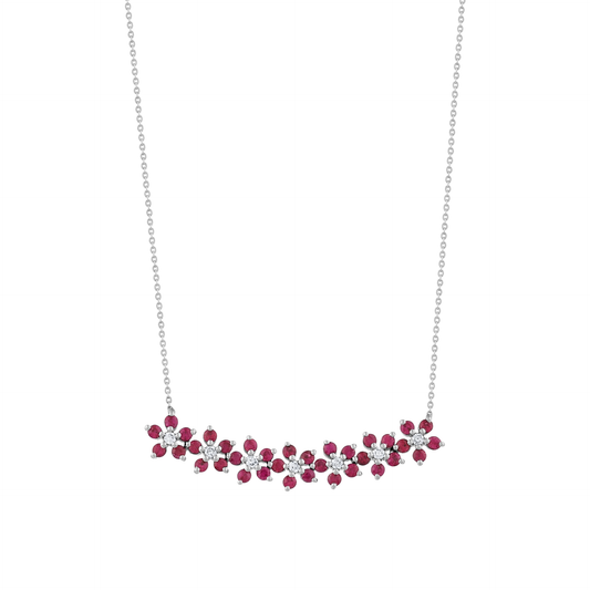 Ruby and natural diamond flower bar necklace in 14K white gold on a fine chain, front view