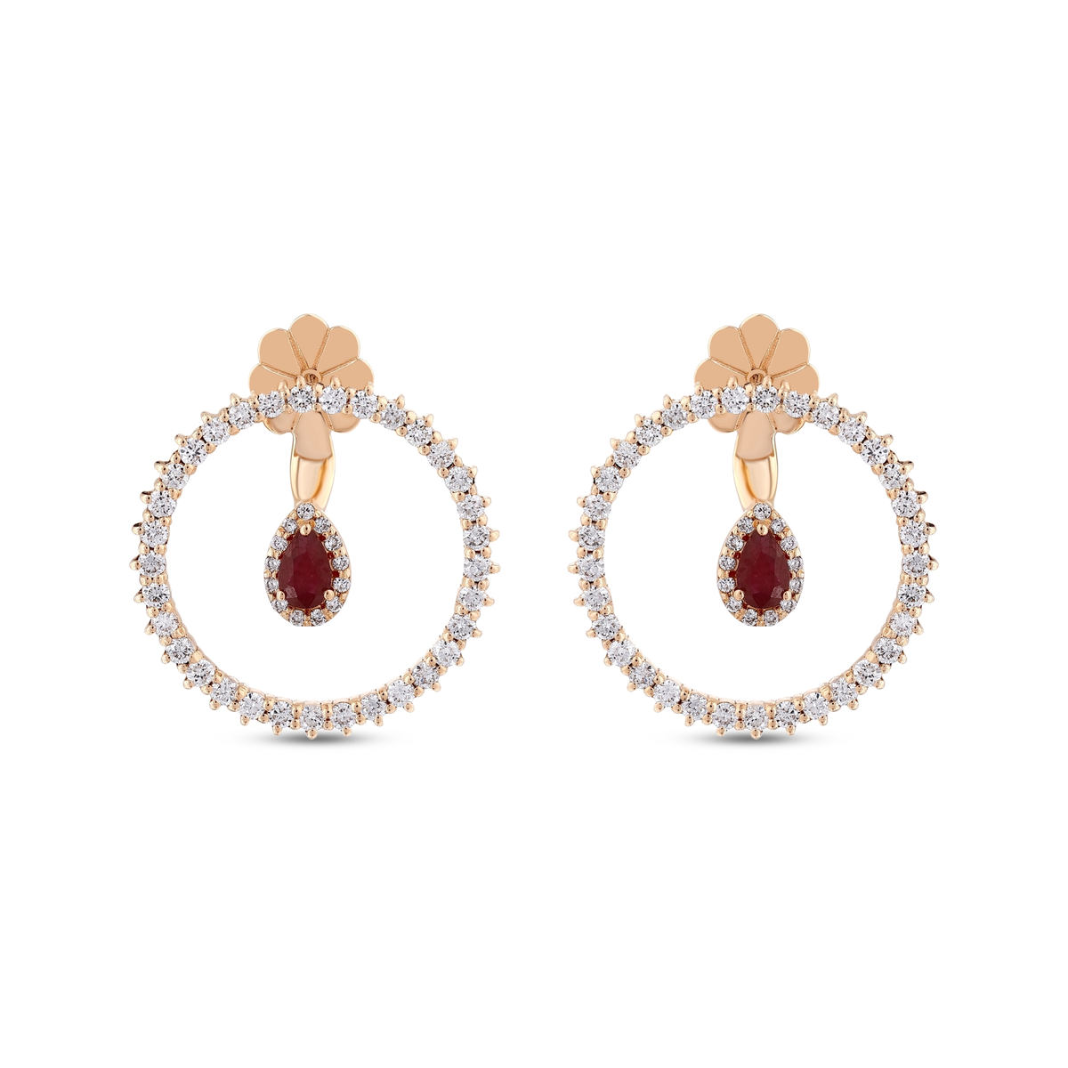1.85 ct ruby and natural diamond open circle earrings in 14K rose gold, front view of the pair