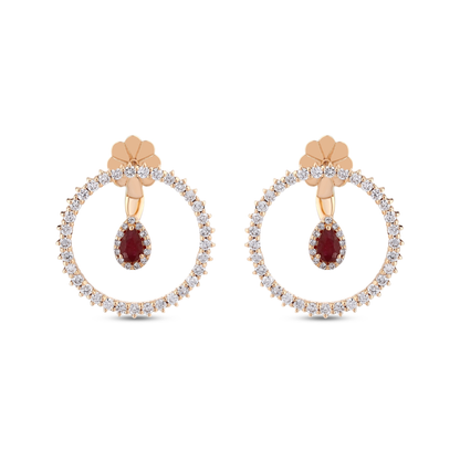 1.85 ct ruby and natural diamond open circle earrings in 14K rose gold, front view of the pair
