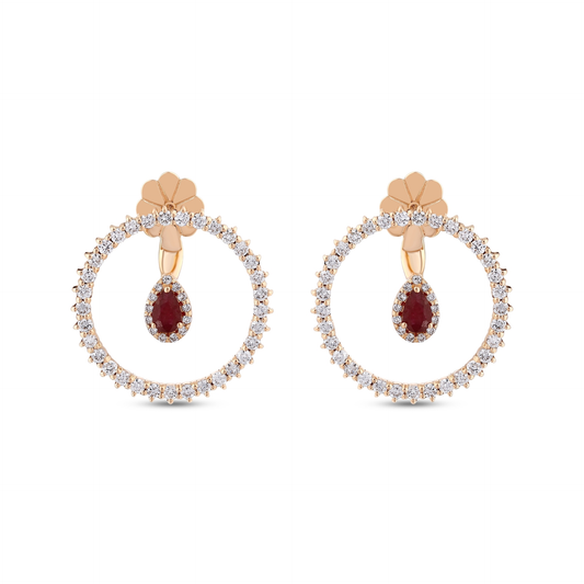 1.85 ct ruby and natural diamond open circle earrings in 14K rose gold, front view of the pair