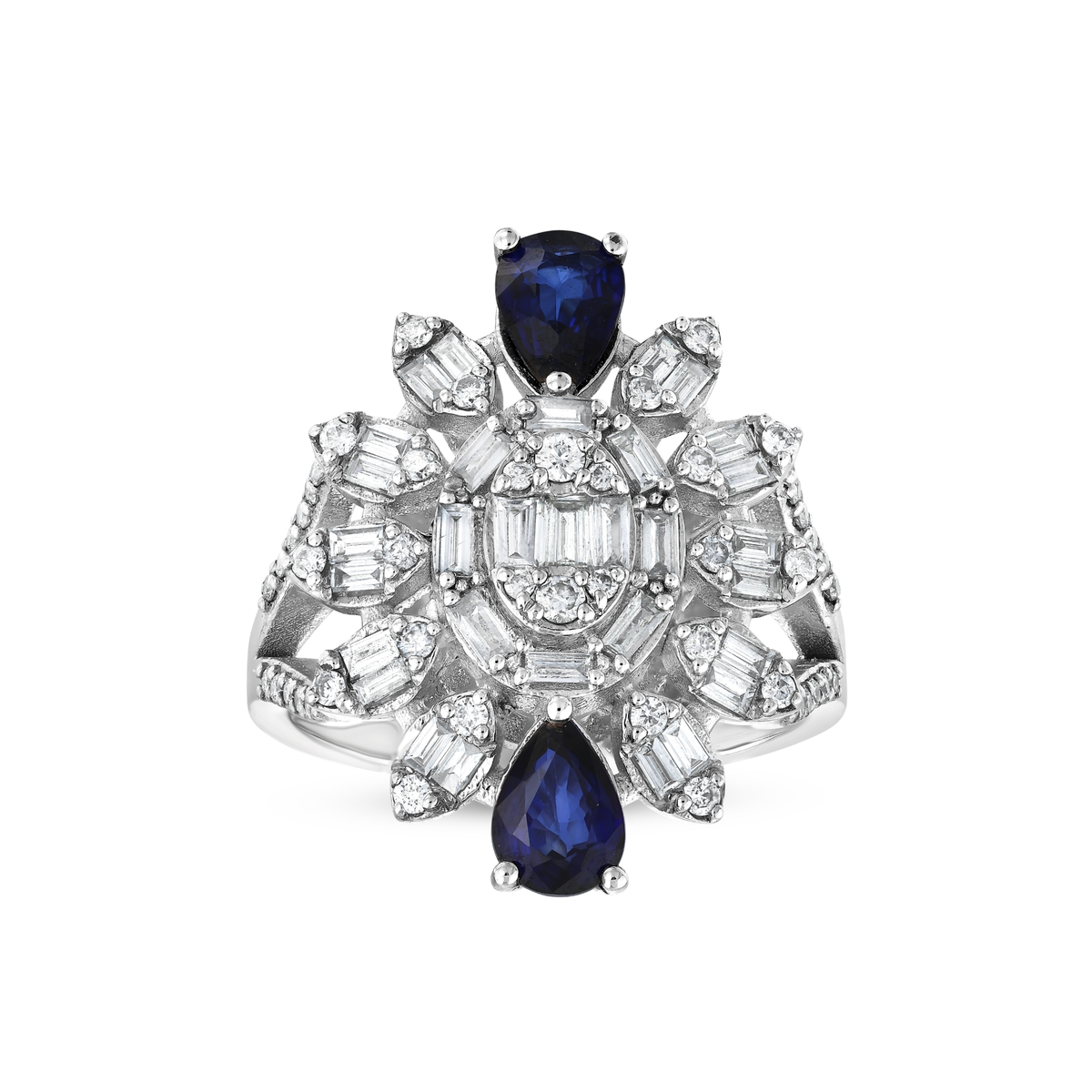 Sapphire and natural diamond baguette starburst cocktail ring in 14K white gold, top view of the oval baguette centre, ten petals and two pear blue sapphires