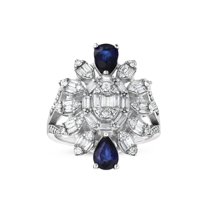 Sapphire and natural diamond baguette starburst cocktail ring in 14K white gold, top view of the oval baguette centre, ten petals and two pear blue sapphires