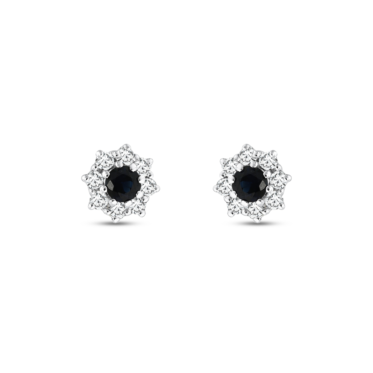 0.53 ct sapphire and natural diamond halo stud earrings in 18K white gold, front view of the pair