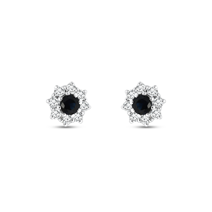 0.53 ct sapphire and natural diamond halo stud earrings in 18K white gold, front view of the pair