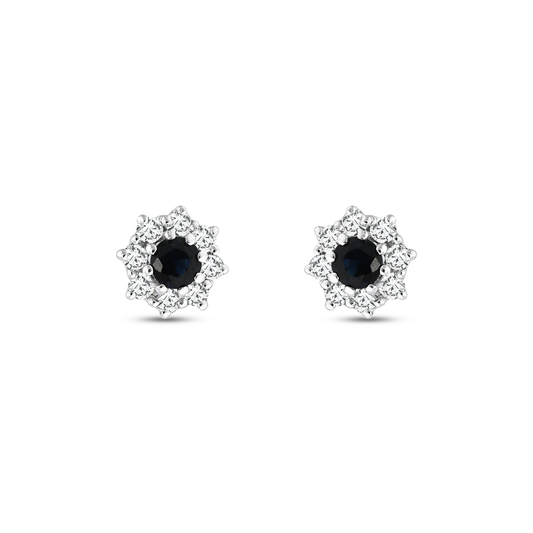 0.53 ct sapphire and natural diamond halo stud earrings in 18K white gold, front view of the pair
