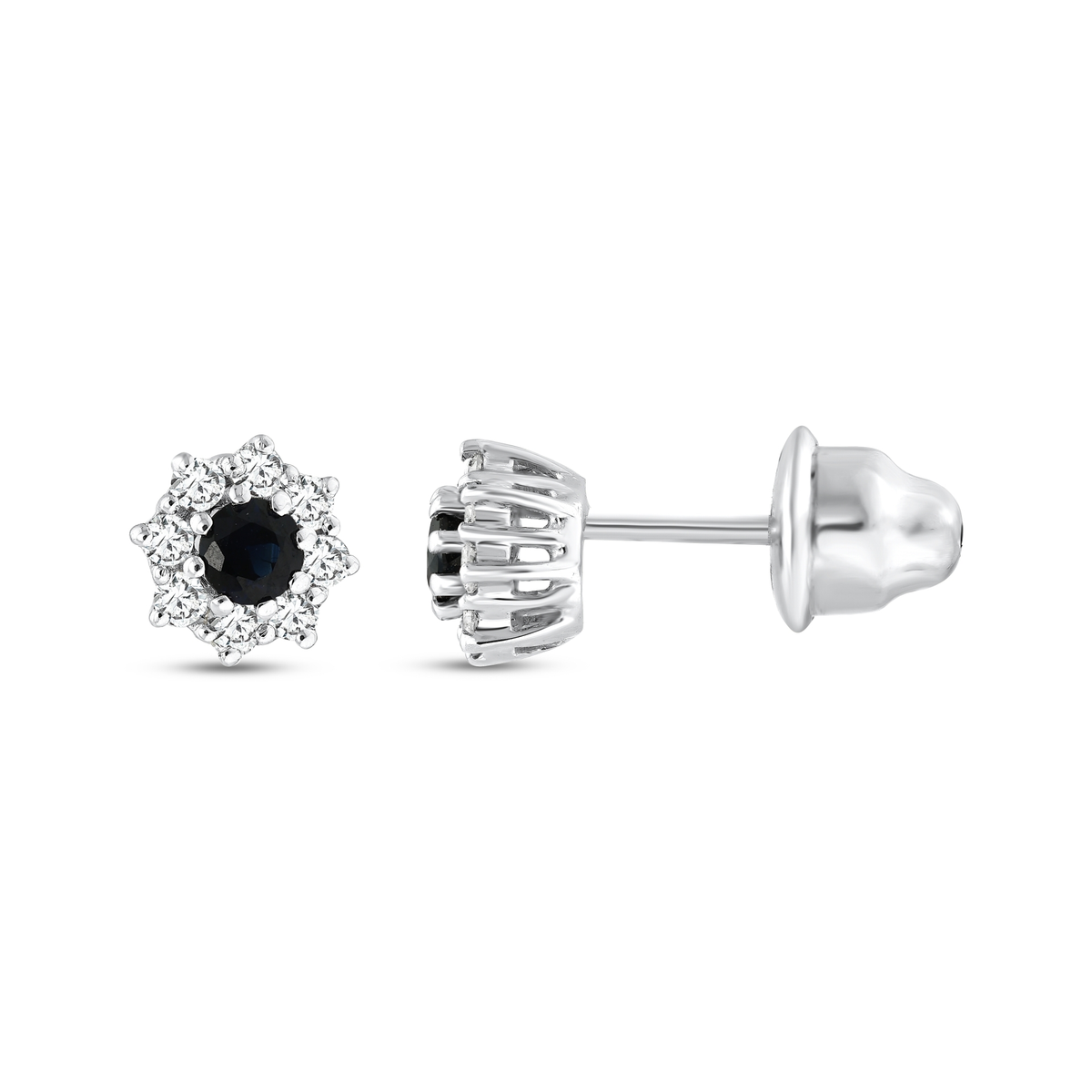 Sapphire and natural diamond halo stud in 18K white gold, front and side view showing the open claw gallery and post