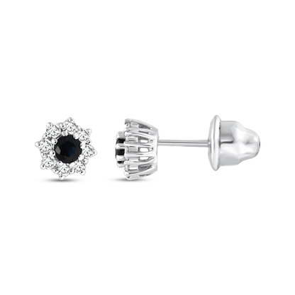 Sapphire and natural diamond halo stud in 18K white gold, front and side view showing the open claw gallery and post