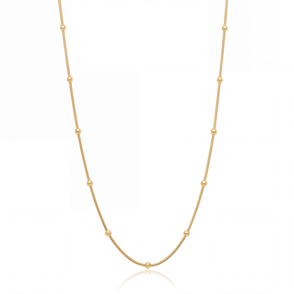 Satellite chain necklace in 18K gold, 1 mm coda di topo chain with beads on white background