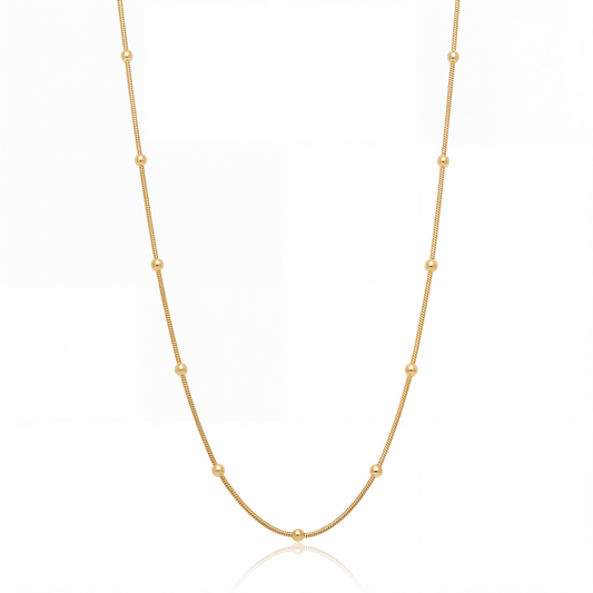 Satellite chain necklace in 18K gold, 1 mm coda di topo chain with beads on white background