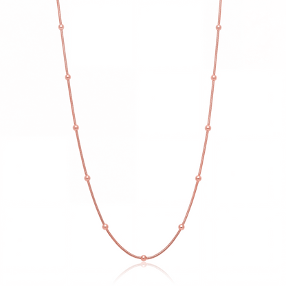 Rose gold satellite chain necklace, 1 mm beaded chain on white background
