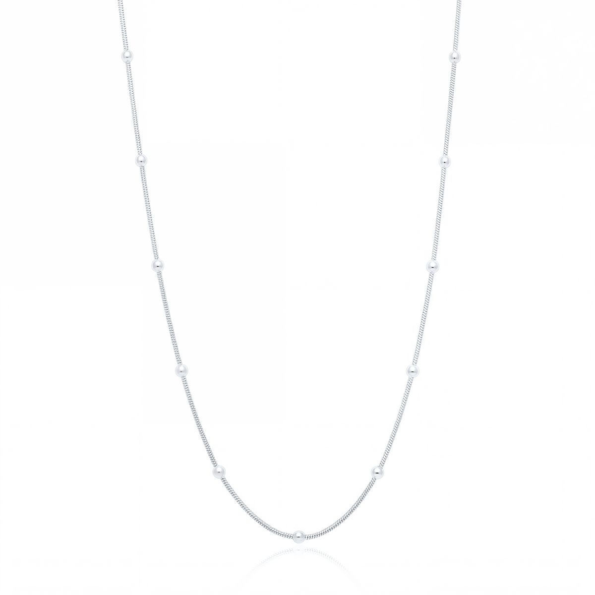 Silver satellite chain necklace, 1 mm beaded chain on white background