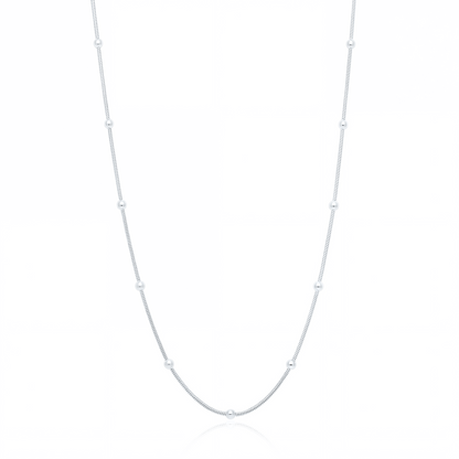 Silver satellite chain necklace, 1 mm beaded chain on white background