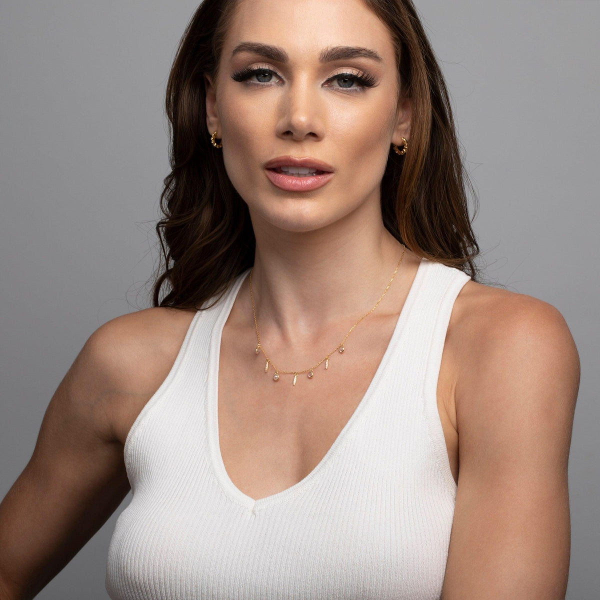 The Satellite Charm Necklace styled in 18K Gold Vermeil — elegant everyday jewelry. Hypoallergenic, no green marks.
