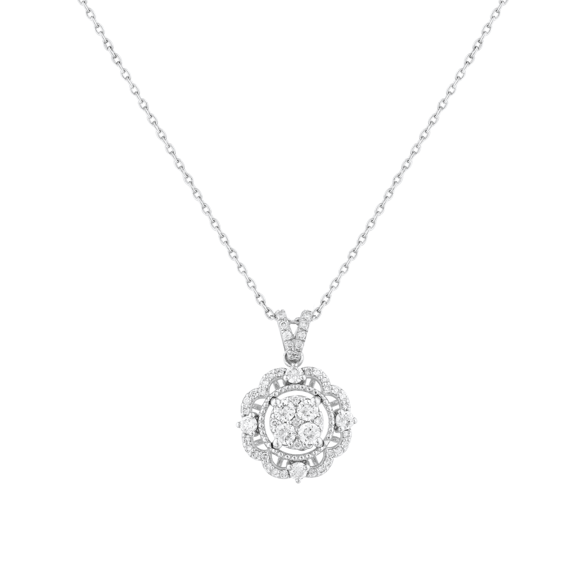 0.47 ct tw natural diamond scalloped halo cluster pendant necklace in 14K solid white gold, front view on white