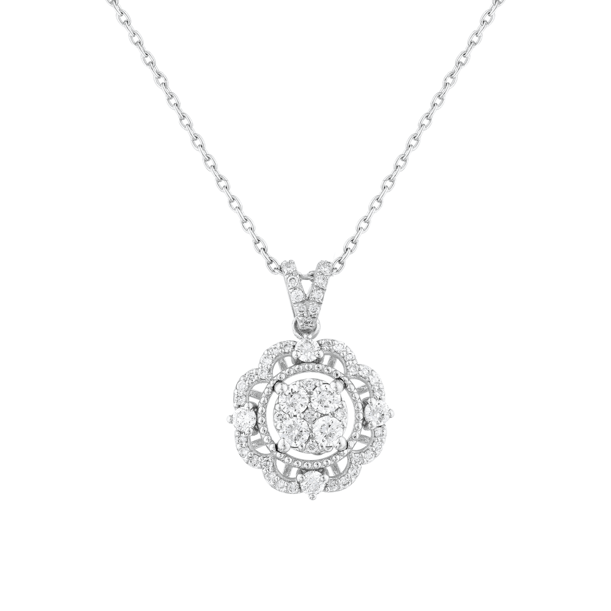 Close-up of the diamond cluster, milgrain ring and scalloped diamond halo of the 14K white gold pendant