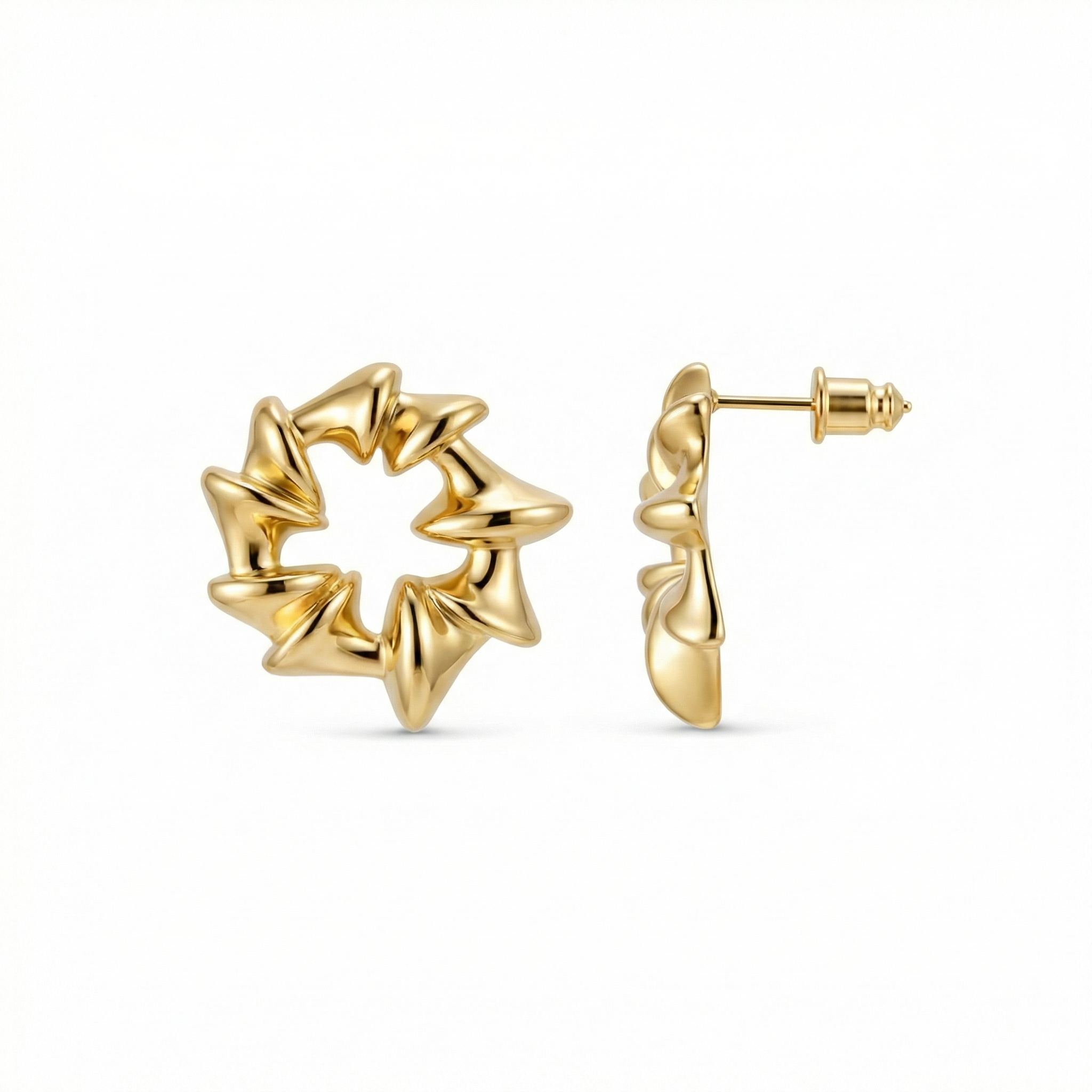 Sculpted Spiked Hoop Earrings in Gold-Plated Steel. No green marks, perfect for daily wear.