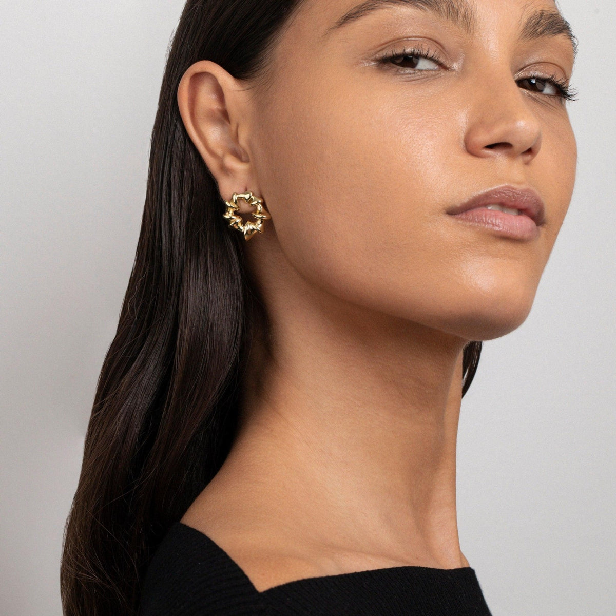 Sculpted Spiked Hoop Earrings in Glamour Jewelry House gift box — Gold-Plated Steel anniversary gift. No green marks.