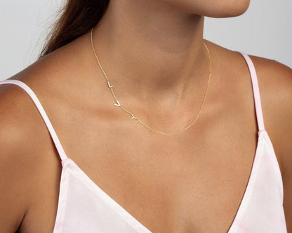 Close detail of the Sideways Initial Necklace in 18K Gold Vermeil. Safe for sensitive skin, premium handmade jewelry.