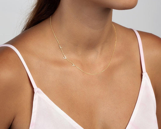 Close detail of the Sideways Initial Necklace in 18K Gold Vermeil. Safe for sensitive skin, premium handmade jewelry.