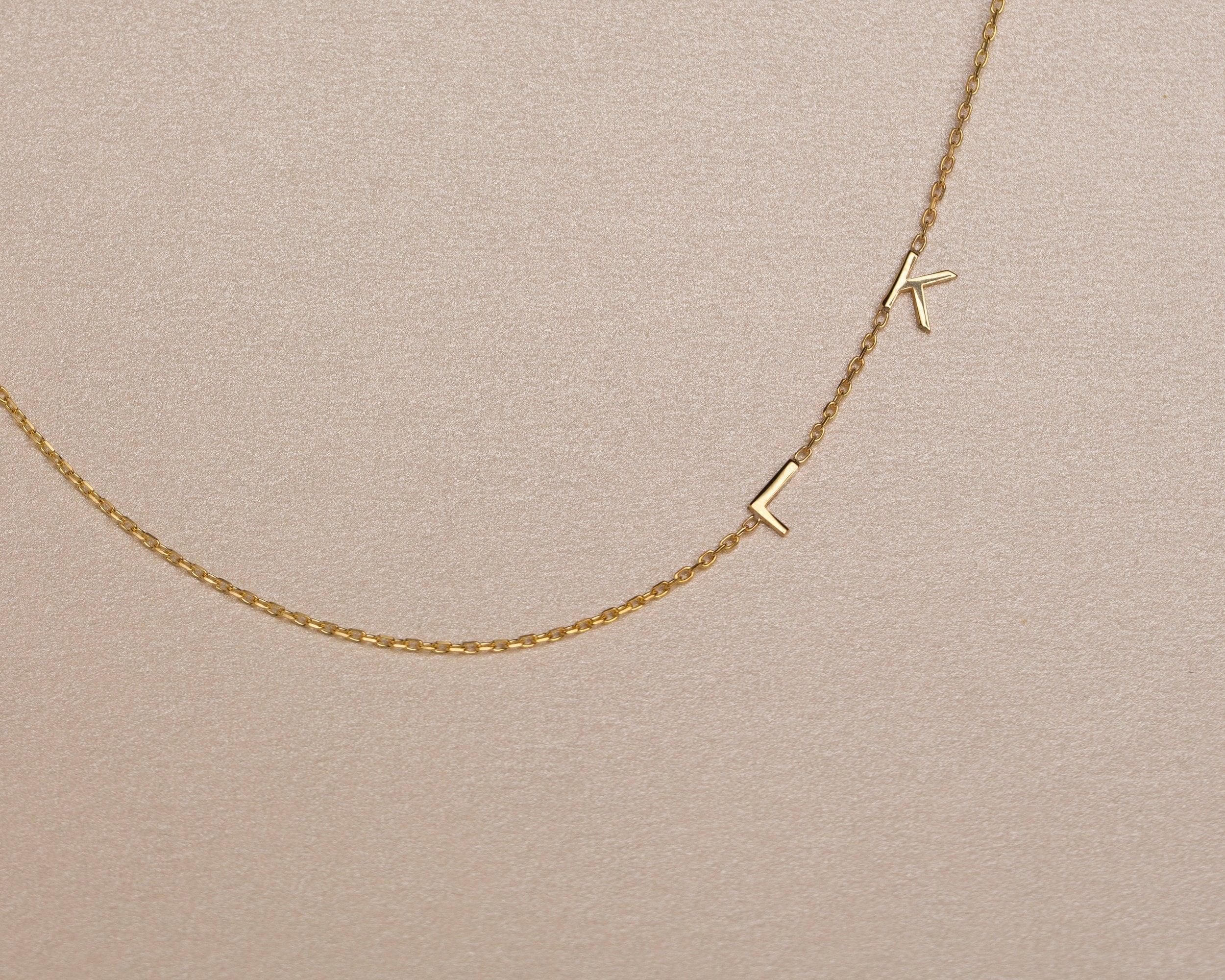 Macro detail of the Sideways Initial Necklace showcasing craftsmanship in 18K Gold Vermeil. Tarnish-resistant, handmade.