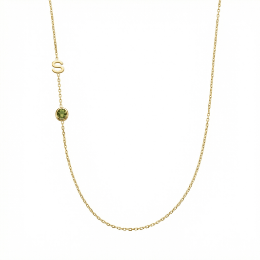 Sideways Initial Necklace with Birthstone in 18K Gold Vermeil with Birthstone. Tarnish-resistant, perfect for daily wear.