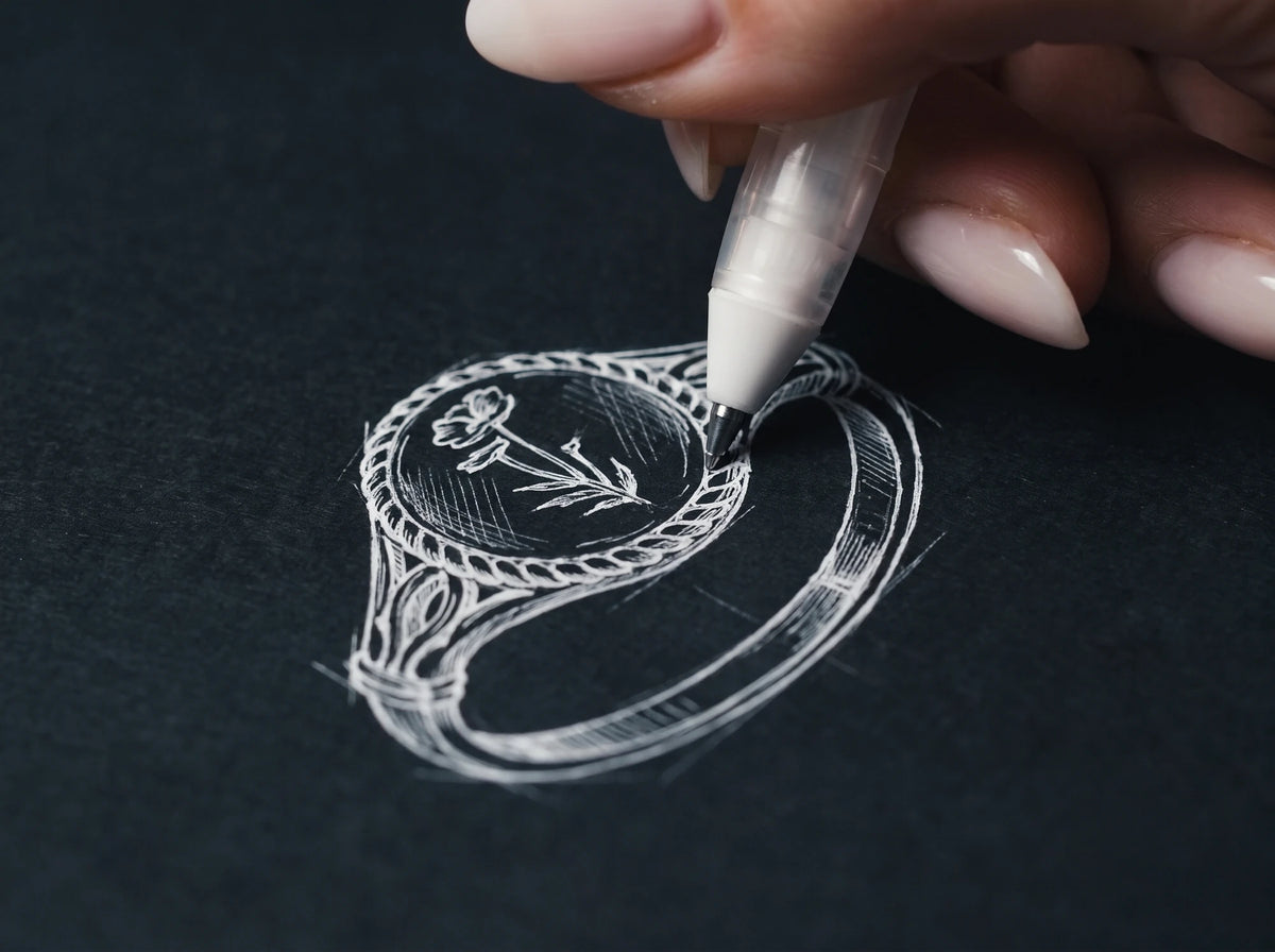 A designer's hand sketching a flower signet ring in white ink on dark paper