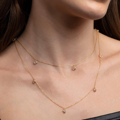 Close detail of the Silver Satellite Necklace in 18K Gold Vermeil. Safe for sensitive skin, premium handmade jewelry.