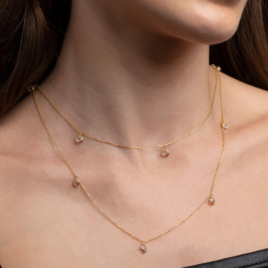 Close detail of the Silver Satellite Necklace in 18K Gold Vermeil. Safe for sensitive skin, premium handmade jewelry.