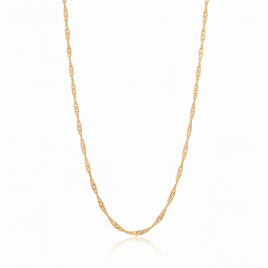 Singapore chain necklace in 18K gold, 2.5 mm twisted chain on white background