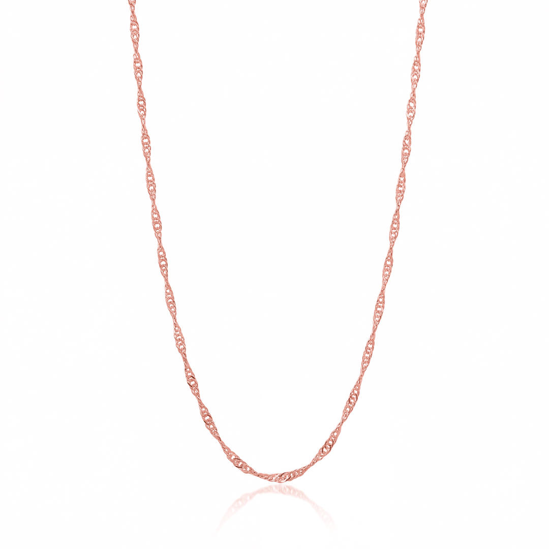 Rose gold Singapore chain necklace, 2.5 mm twisted chain on white background