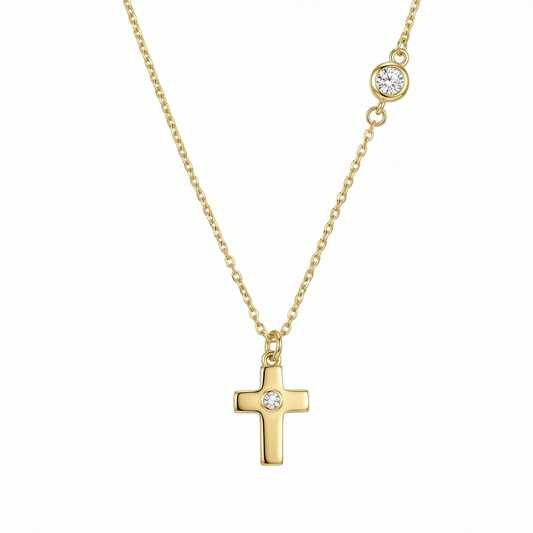 Small Cross Necklace with Diamond in 18K Gold Vermeil with CZ Diamond. Tarnish-resistant, perfect for daily wear.