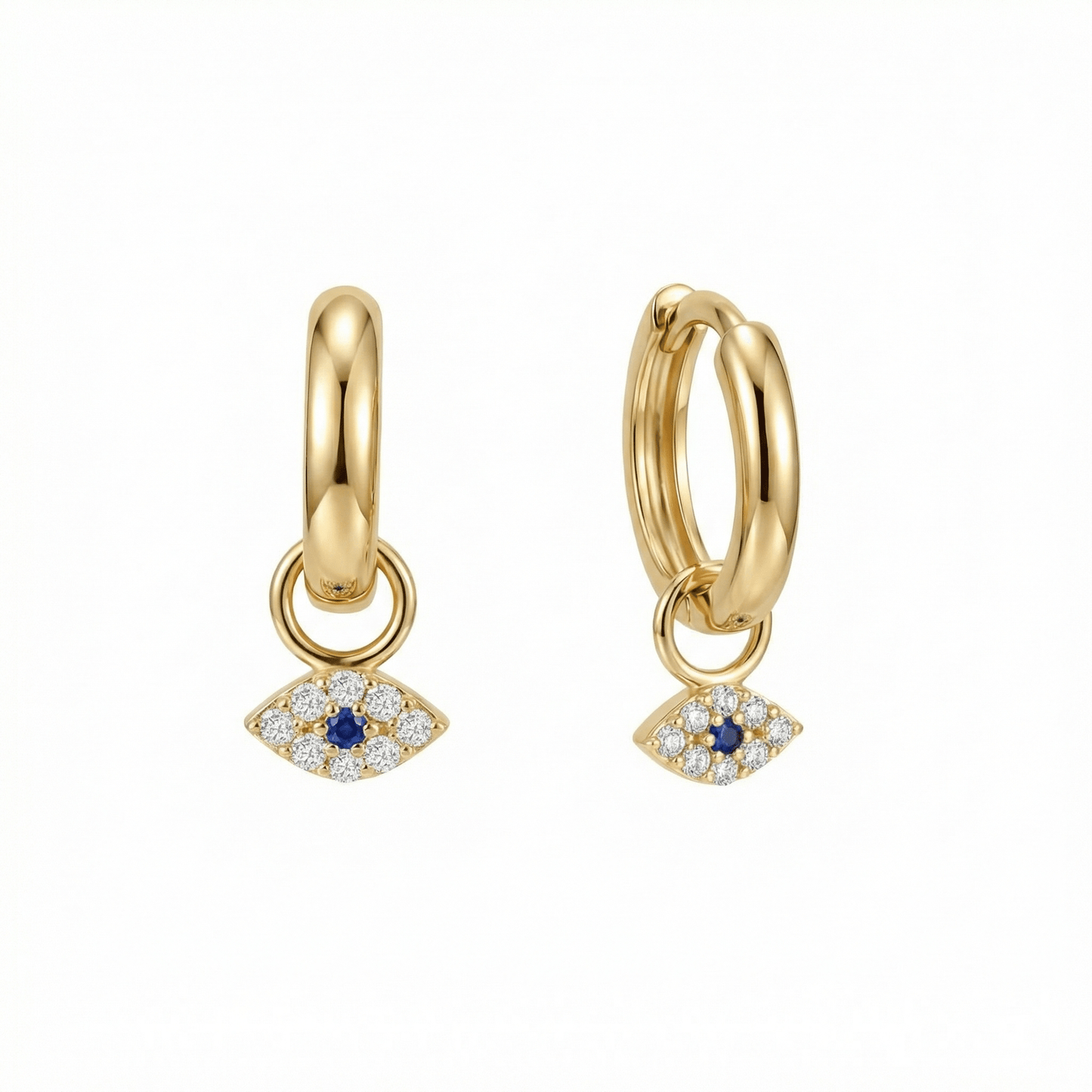 Small Pavé Evil Eye Dangle Earrings in 18K Gold Vermeil with CZ Diamond. No green marks, perfect for daily wear.