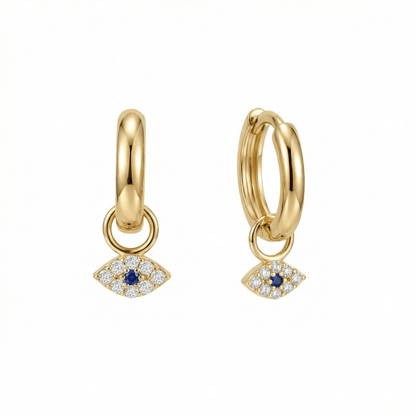 Small Pavé Evil Eye Dangle Earrings in 18K Gold Vermeil with CZ Diamond. No green marks, perfect for daily wear.