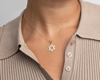 Close detail of the Small Star of David Necklace in 18K Gold Vermeil. Safe for sensitive skin, premium handmade jewelry.