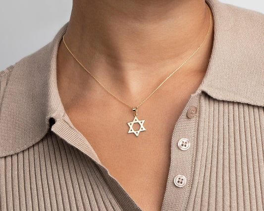 Close detail of the Small Star of David Necklace in 18K Gold Vermeil. Safe for sensitive skin, premium handmade jewelry.