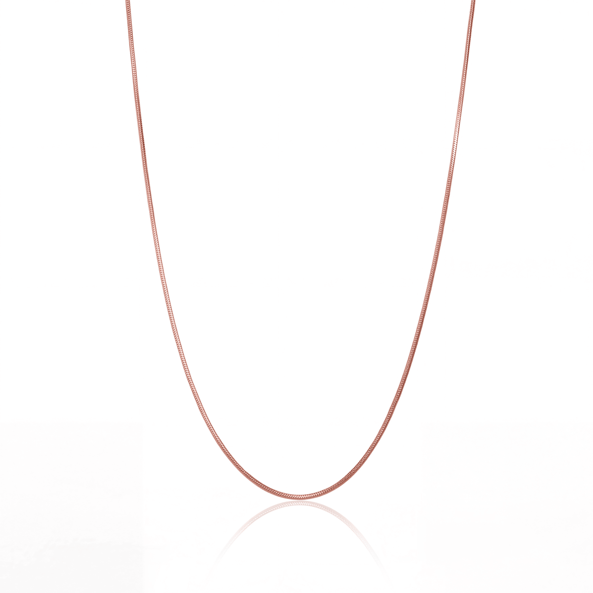 Rose gold snake chain necklace, 1 mm flat snake chain on white background