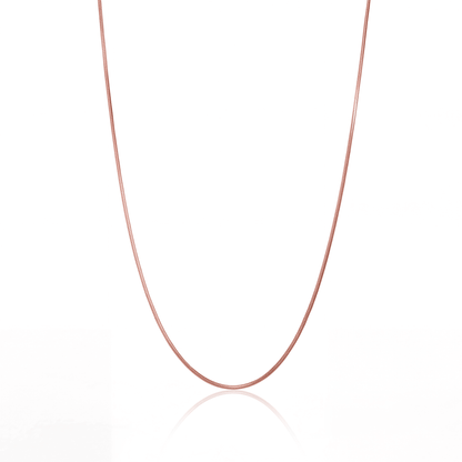 Rose gold snake chain necklace, 1 mm flat snake chain on white background